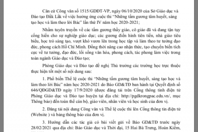 Cv về hưởng ứng cuộc thi “ những tấm gương tâm huyết sáng tạo học và làm theo lời bác” năm học 2020-2021